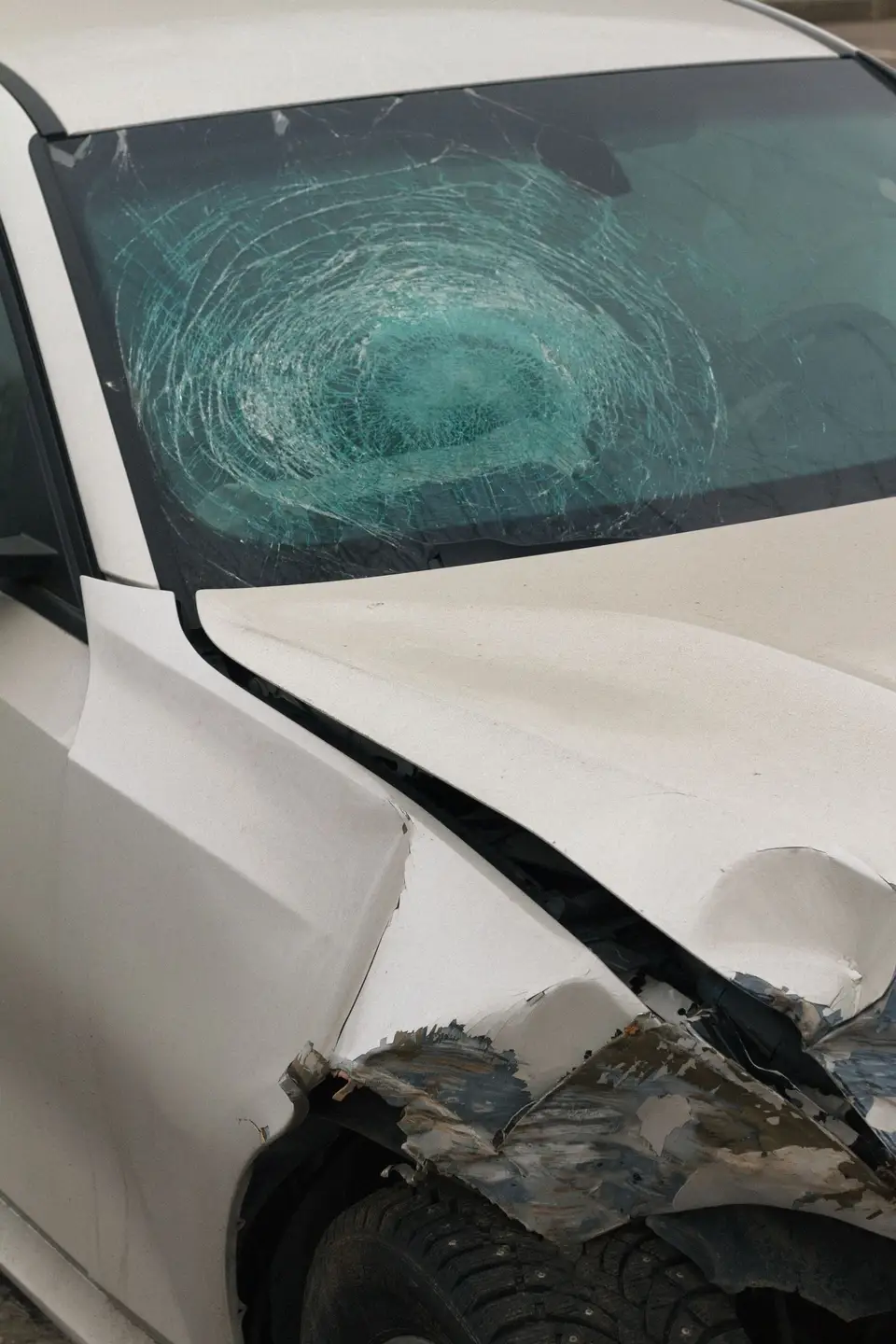 Close-up of a white car with a shattered windshield and a crumpled front fender
